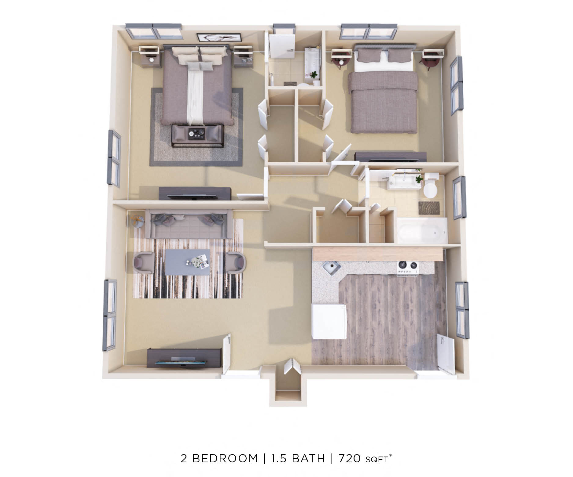 Floor plan for 2 beds, 1.5 baths, 720 sqft